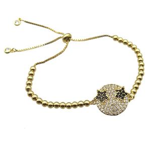 copper bracelet paved zircon, emoji, Adjustable, gold plated, approx 20mm dia [FN13229]