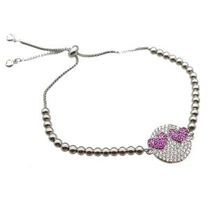 copper bracelet paved zircon, emoji, Adjustable, platinum plated, approx 20mm dia [FN13230]