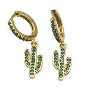 copper huggie hoop Earring paved zircon, cactus, gold plated, approx 8-15mm, 14mm dia [FN13260]