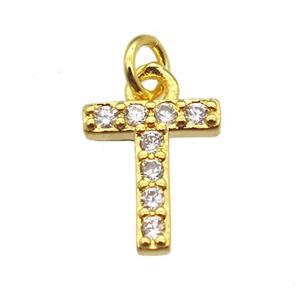 copper letter-T pendant paved zircon, gold plated, approx 10mm [FN13286]