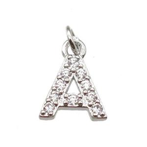 copper letter-A pendant paved zircon, platinum plated, approx 10mm [FN13294]