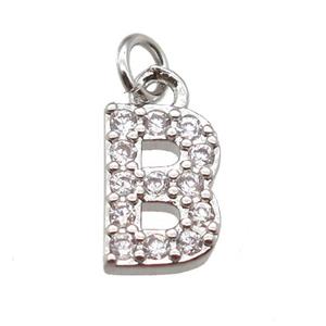 copper letter-B pendant paved zircon, platinum plated, approx 10mm [FN13295]
