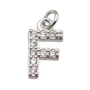 copper letter-F pendant paved zircon, platinum plated, approx 10mm [FN13299]