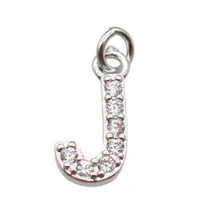 copper letter-J pendant paved zircon, platinum plated, approx 10mm [FN13303]