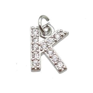 copper letter-K pendant paved zircon, platinum plated, approx 10mm [FN13304]