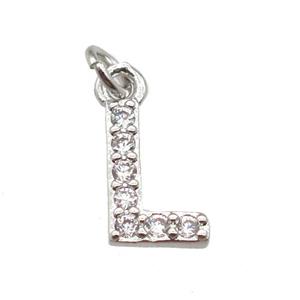copper letter-L pendant paved zircon, platinum plated, approx 10mm [FN13305]