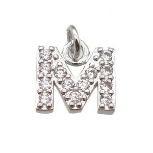 copper letter-M pendant paved zircon, platinum plated, approx 10mm [FN13306]