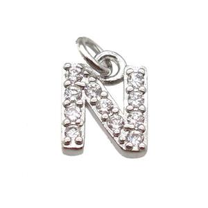 copper letter-N pendant paved zircon, platinum plated, approx 10mm [FN13307]