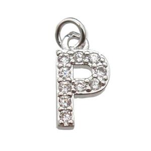 copper letter-P pendant paved zircon, platinum plated, approx 10mm [FN13309]