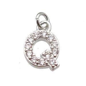 copper letter-Q pendant paved zircon, platinum plated, approx 10mm [FN13310]
