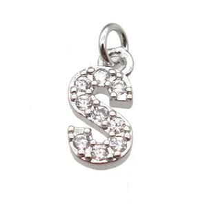 copper letter-S pendant paved zircon, platinum plated, approx 10mm [FN13312]