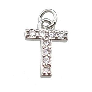 copper letter-T pendant paved zircon, platinum plated, approx 10mm [FN13313]
