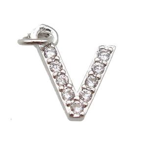 copper letter-V pendant paved zircon, platinum plated, approx 10mm [FN13315]