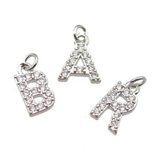 mixed copper Alphabet letter pendant paved zircon, platinum plated, approx 10mm [FN13320]