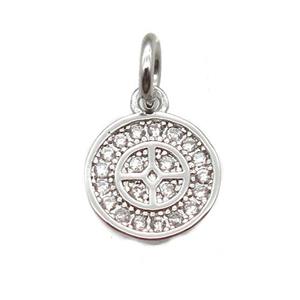 copper circle pendant paved zircon, platinum plated, approx 8mm dia [FN13343]