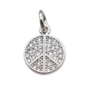 copper pendant paved zircon, peace sign, platinum plated, approx 8mm dia [FN13348]