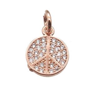 copper pendant paved zircon, peace sign, rose gold, approx 8mm dia [FN13350]