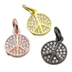 copper pendant paved zircon, peace sign, mixed color, approx 8mm dia [FN13352]