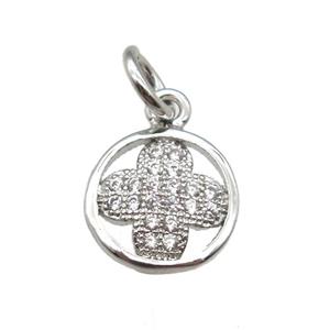 copper clover pendant paved zircon, platinum plated, approx 9mm dia [FN13353]