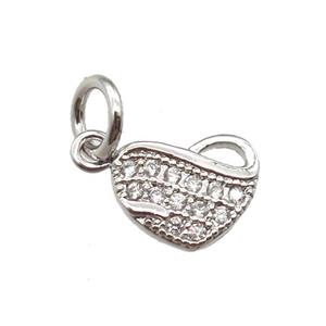 copper heart pendant paved zircon, platinum plated, approx 7-8mm [FN13392]