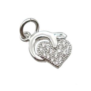 copper heart pendant paved zircon, platinum plated, approx 8-10mm [FN13407]