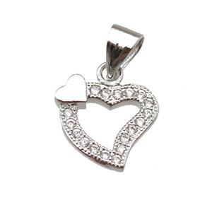 copper heart pendant paved zircon, platinum plated, approx 12mm [FN13416]