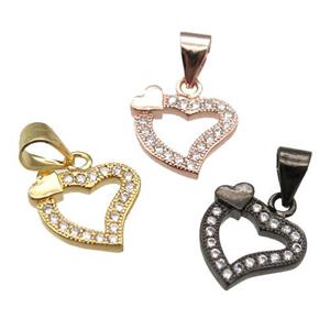 copper heart pendant paved zircon, mixed color, approx 12mm [FN13420]