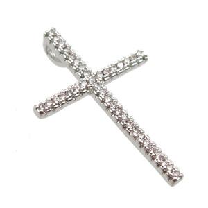 copper cross pendant paved zircon, platinum plated, approx 18-28mm [FN13465]