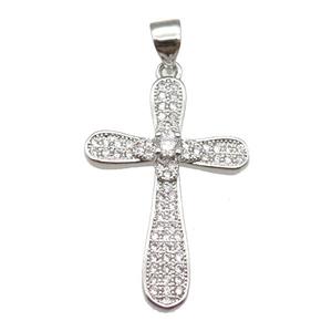 copper cross pendant paved zircon, platinum plated, approx 18-26mm [FN13473]