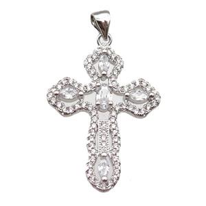 copper cross pendant paved zircon, platinum plated, approx 22-30mm [FN13483]