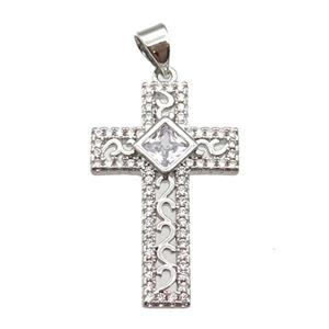 copper cross pendant paved zircon, platinum plated, approx 17-26mm [FN13488]