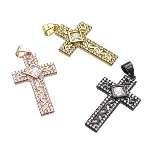 copper cross pendant paved zircon, mixed color, approx 17-26mm [FN13492]