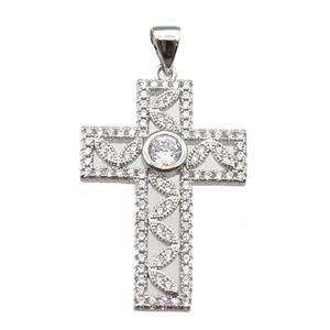 copper cross pendant paved zircon, platinum plated, approx 20-28mm [FN13493]