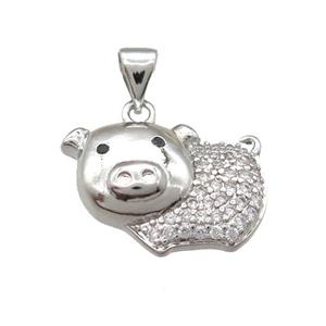copper pig pendant paved zircon, platinum plated, approx 12-19mm [FN13498]