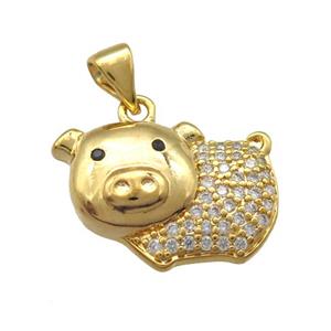 copper pig pendant paved zircon, gold plated, approx 12-19mm [FN13499]