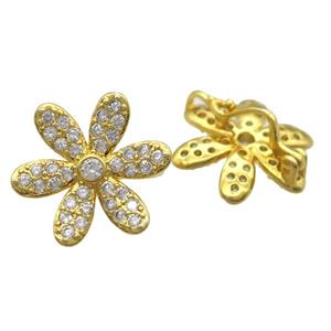 copper flower beads paved zircon, gold plated, approx 16mm dia [FN13969]