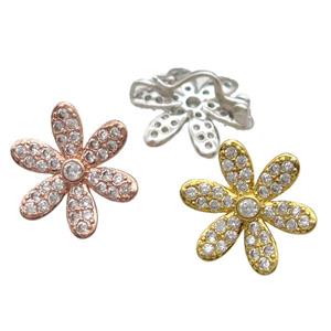 copper flower beads paved zircon, mixed color, approx 16mm dia [FN13970]