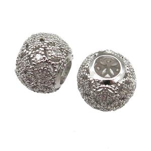 European Style copper round beads paved zircon, platinum plated, approx 10-12mm, 5mm hole [FN13983]