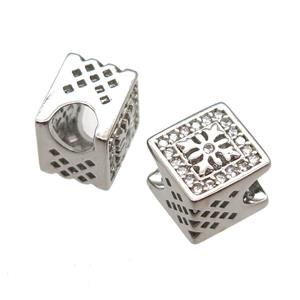 European Style copper beads paved zircon, platinum plated, approx 10x10mm, 5mm hole [FN13988]