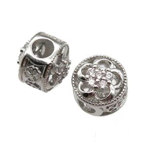 European Style copper beads paved zircon, platinum plated, approx 10-12mm, 5mm hole [FN13989]