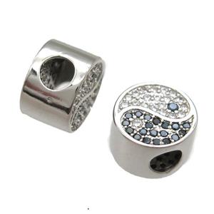 European Style copper taichi beads paved zircon, yinyang, platinum plated, approx 10-12mm, 5mm hole [FN13990]
