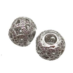European Style copper round beads paved zircon, platinum plated, approx 10-12mm, 5mm hole [FN13991]