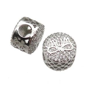 European Style copper beads paved zircon, platinum plated, approx 10-12mm, 5mm hole [FN14009]