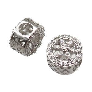 European Style copper beads paved zircon, platinum plated, approx 10-12mm, 5mm hole [FN14011]