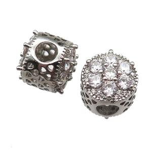 European Style copper beads paved zircon, platinum plated, approx 10-12mm, 5mm hole [FN14015]