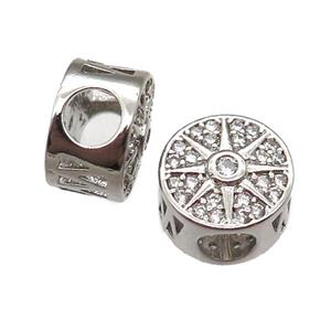 European Style copper rondelle beads paved zircon, large hole, platinum plated, approx 10-12mm, 5mm hole [FN14017]
