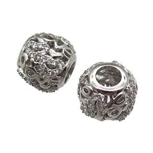 European Style copper round beads paved zircon, platinum plated, approx 10-12mm, 5mm hole [FN14022]