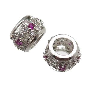 European Style copper rondelle beads paved zircon, platinum plated, approx 10-12mm, 5mm hole [FN14025]