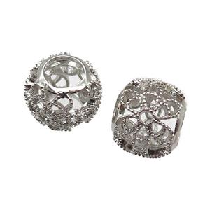 European Style copper rondelle beads paved zircon, platinum plated, approx 10-12mm, 5mm hole [FN14026]