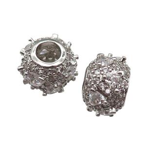 European Style copper rondelle beads paved zircon, platinum plated, approx 10-12mm, 5mm hole [FN14027]